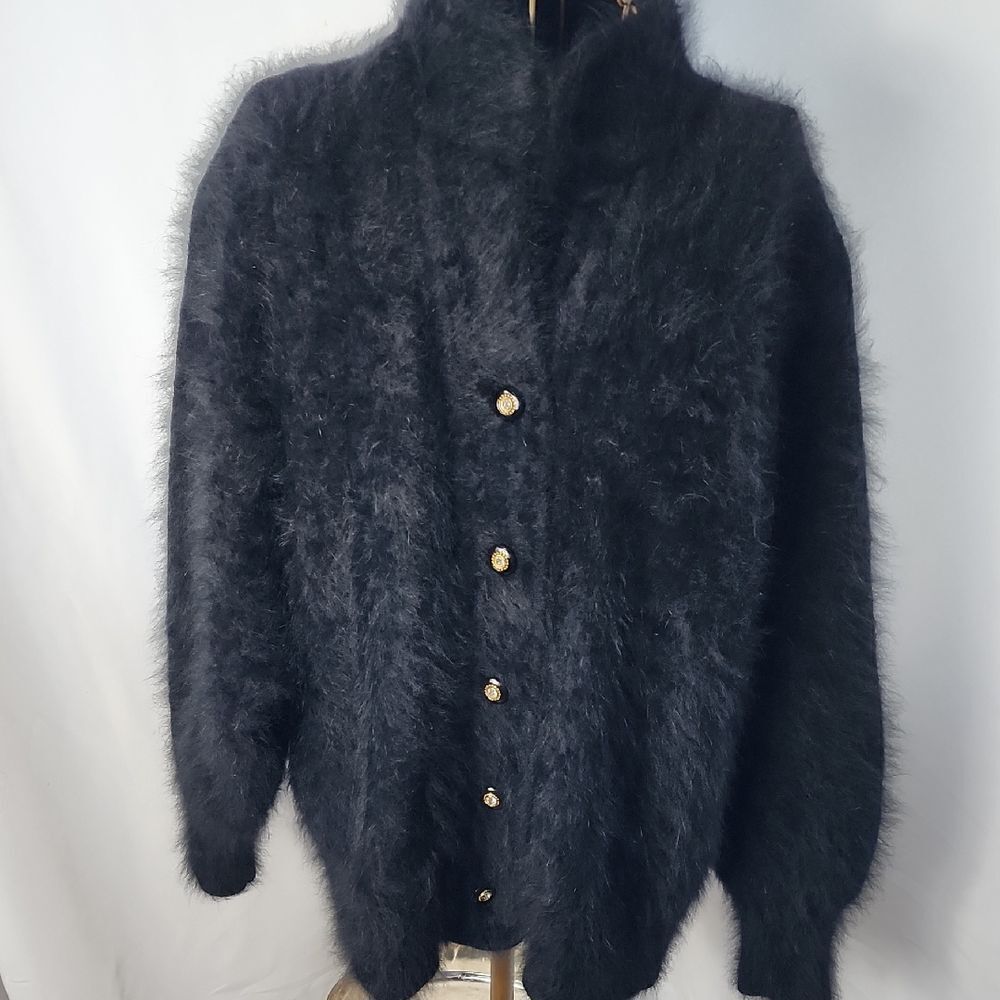 Vintage Soft Quiet Luxury Angora Cardigan Sweater With Rhinestone Buttons